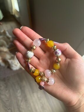 Handmade Vintage Yellow & Pink Beaded Bracelet with Floral Accents